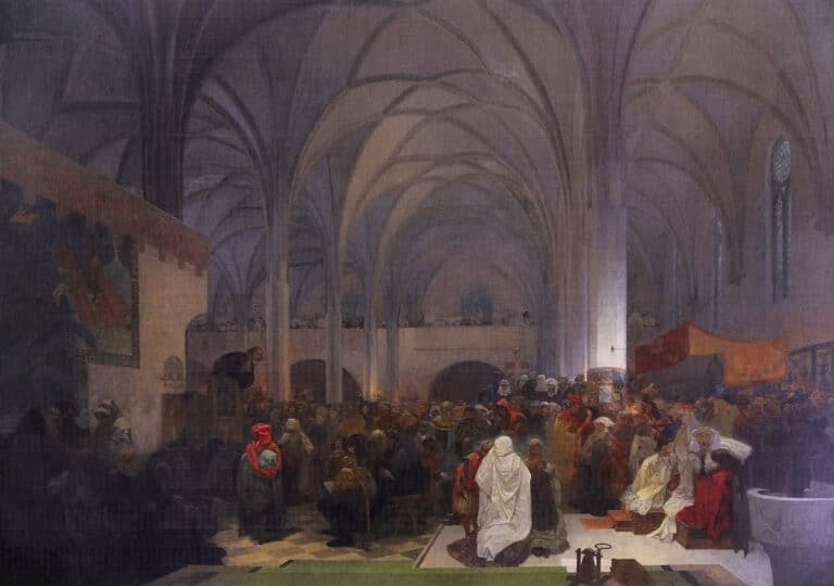 Maître Jan Hus prêchant à la chapelle de Bethléem – Mucha Alphonse Mucha