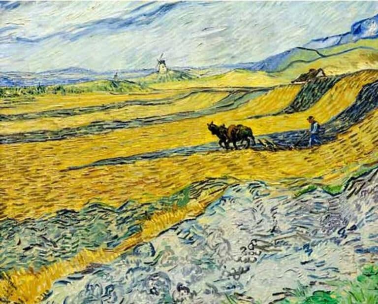 Champ avec paysan labourant et le moulin – Van Gogh Vincent Van Gogh