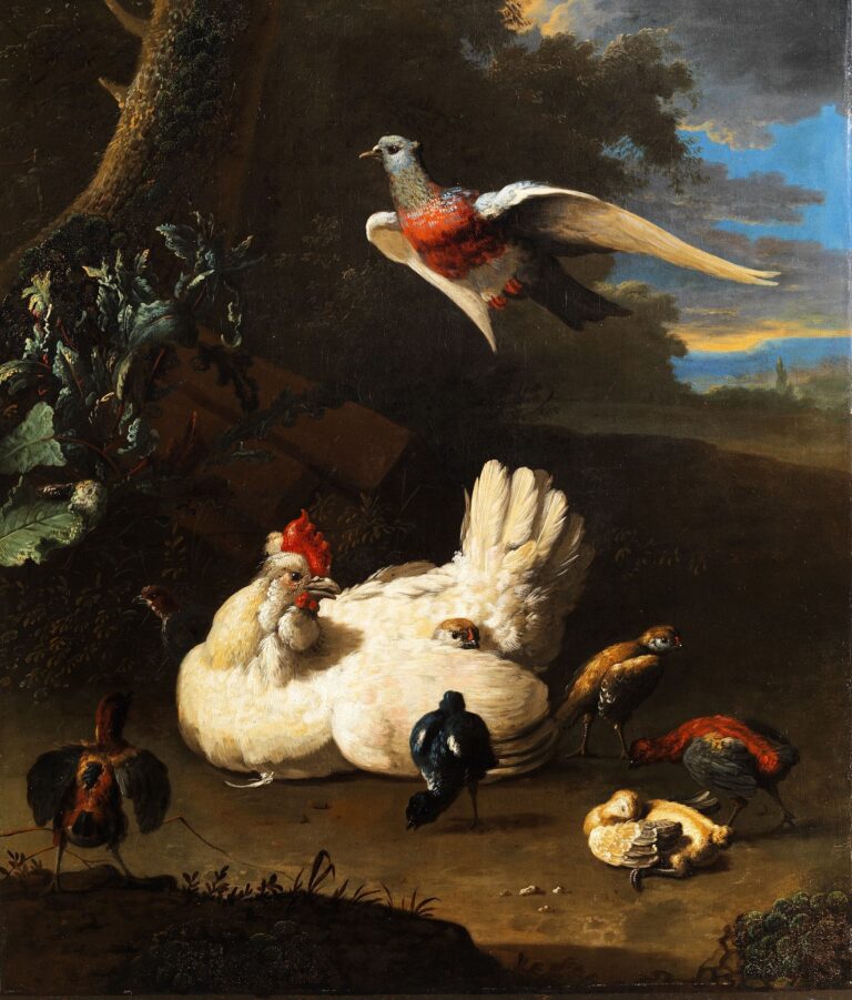 Une poule et ses poussins avec une colombe en vol près d’un arbre – Melchior d’Hondecoeter Melchior d'Hondecoeter