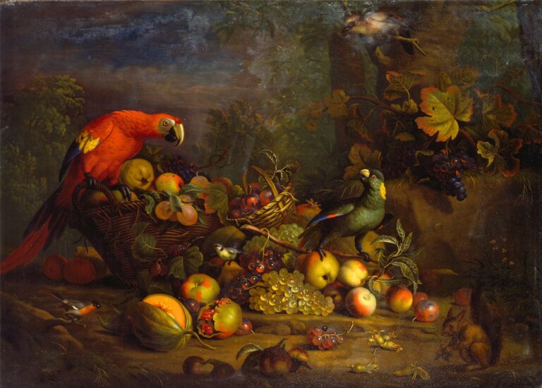 Perroquets et fruits avec d’autres oiseaux et un écureuil – Tobias Stranover Tobias Stranover