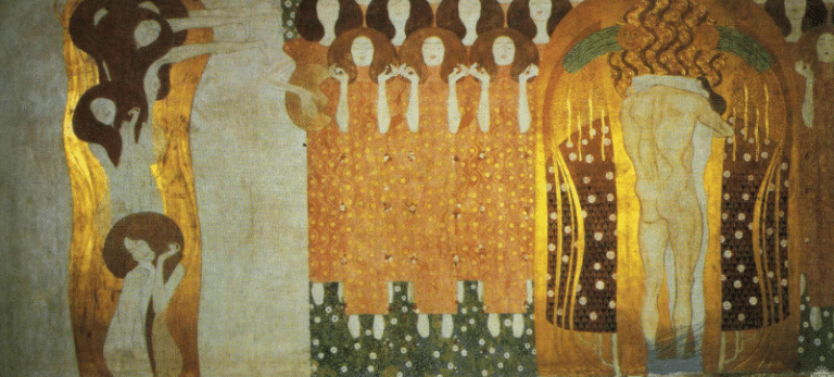 La frise de Beethoven : L’aspiration au bonheur trouve son refuge dans la poésie. Mur de droite – Gustav Klimt Gustav Klimt