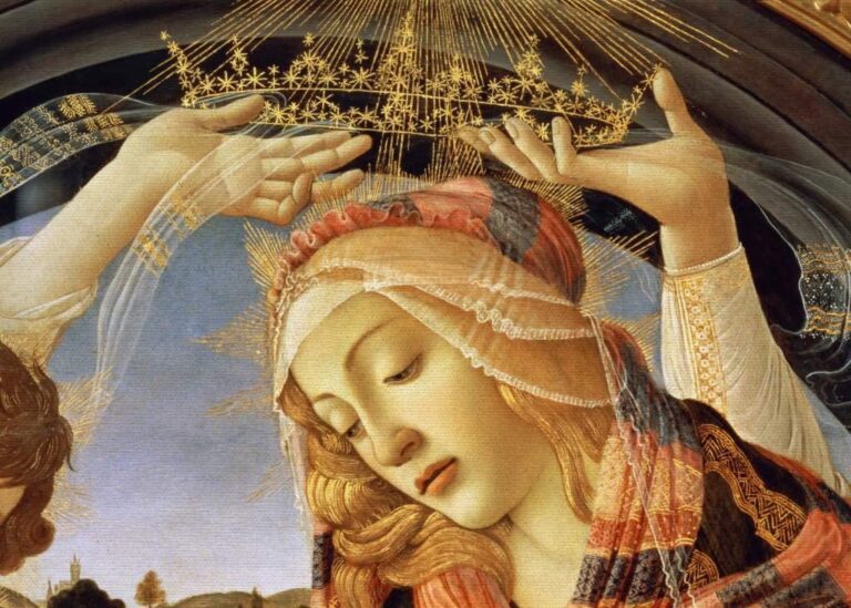 La Madone du Magnificat, détail du visage et de la couronne de la Vierge, 1482 (tempera sur panneau) – Sandro Botticelli Sandro Botticelli