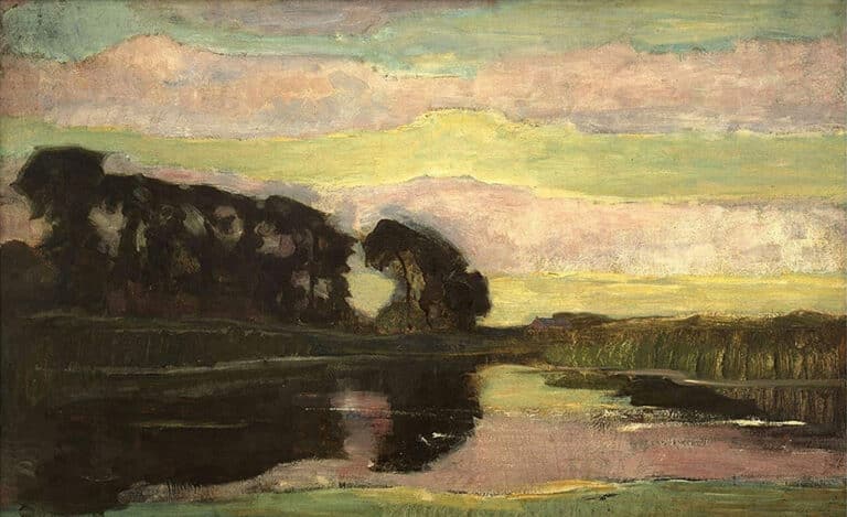 Paysage de rivière avec ciel rose et jaune – Mondrian Piet Mondrian