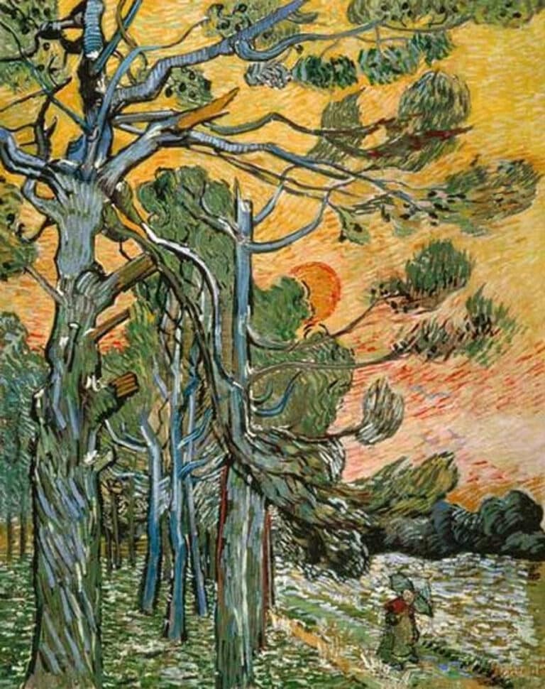 Pins sous le soleil couchant et le personnage féminin – Van Gogh Vincent Van Gogh