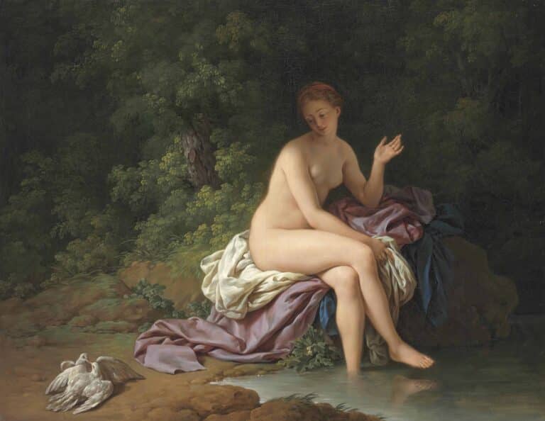 Une dame se baignant au bord d’une rivière, avec deux tourterelles – Louis Jean François Lagrenée Louis Jean François Lagrenée