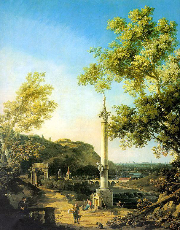 Capriccio : Paysage de rivière avec une colonne – Giovanni Antonio Canal Giovanni Antonio Canal