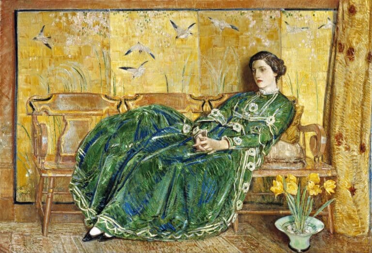 Avril : (La robe verte) – Childe Hassam Childe Hassam