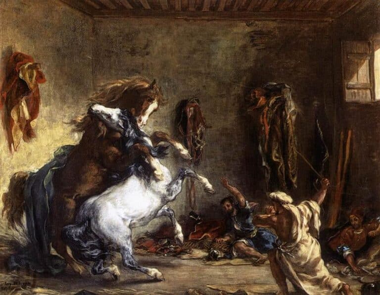 Cheval arabe combattant dans une écurie – Eugène Delacroix Eugène Delacroix