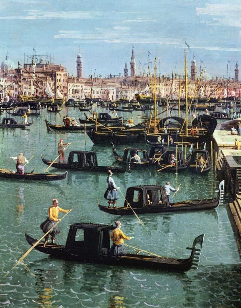 Gondoliers près de l’entrée du Grand Canal et de l’église de Santa Maria della Salute, Venise – Giovanni Antonio Canal Giovanni Antonio Canal