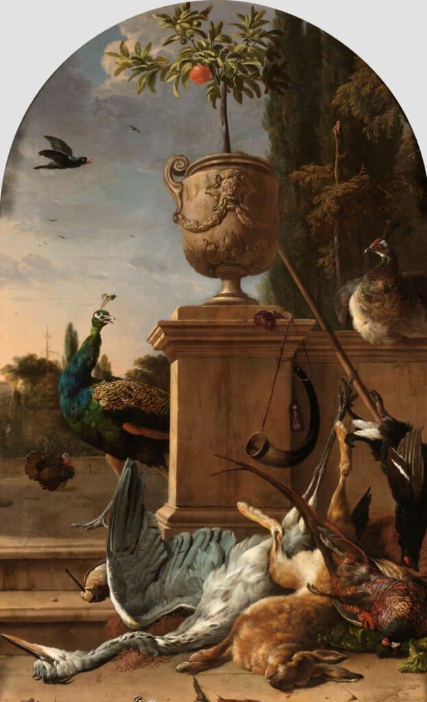 Un sac de chasseur sur une terrasse – Melchior d’Hondecoeter Melchior d'Hondecoeter