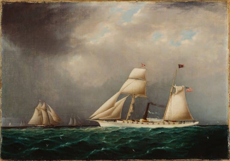 Le voilier à vapeur américain EMILY en mer avec quatre goélettes à l’avant – James E. Buttersworth James E. Buttersworth