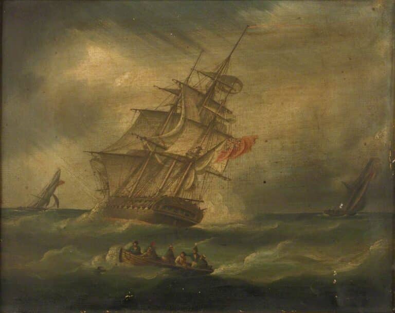 Une frégate et un cotre naval pourchassant un cotre français, avec un bateau récupérant un homme à la mer – James E. Buttersworth James E. Buttersworth