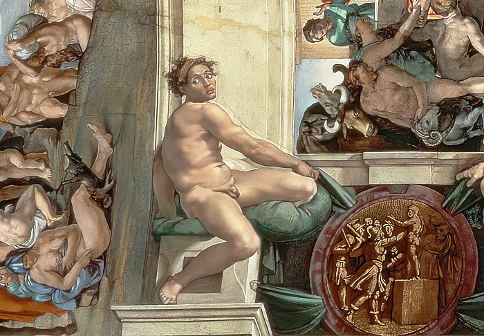 Plafond de la chapelle Sixtine détail d’un des ignudi – Michel-Ange Michel-Ange