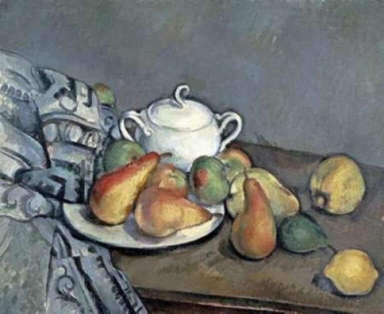 Nature morte avec sucrier, poires et nappe – Paul Cézanne Paul Cézanne