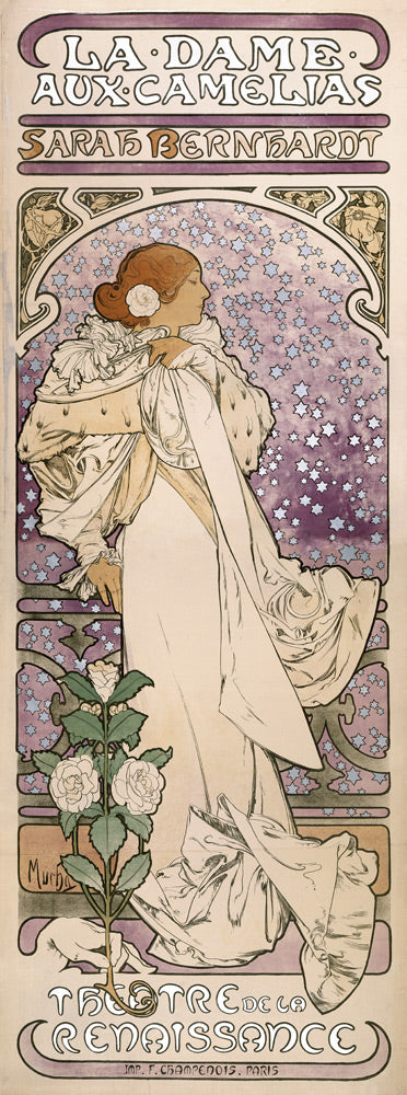 Affiche de la pièce La Dame aux Camélias de A. Dumas au Théâtre de la Renaissanse – Mucha Alphonse Mucha