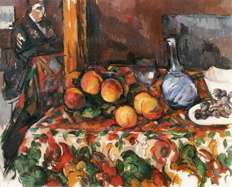 Nature morte avec des pêches, carafe et silhouette – Paul Cézanne Paul Cézanne