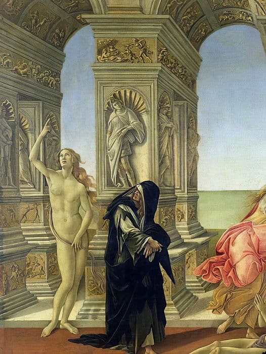 La Calomnie d’Apelles ; détail montrant la figure nue de la Vérité pointant vers le ciel et la Pénitence vêtue d’un habit dominicain en loques, 1497-98 détail de 31582 – Sandro Botticelli Sandro Botticelli