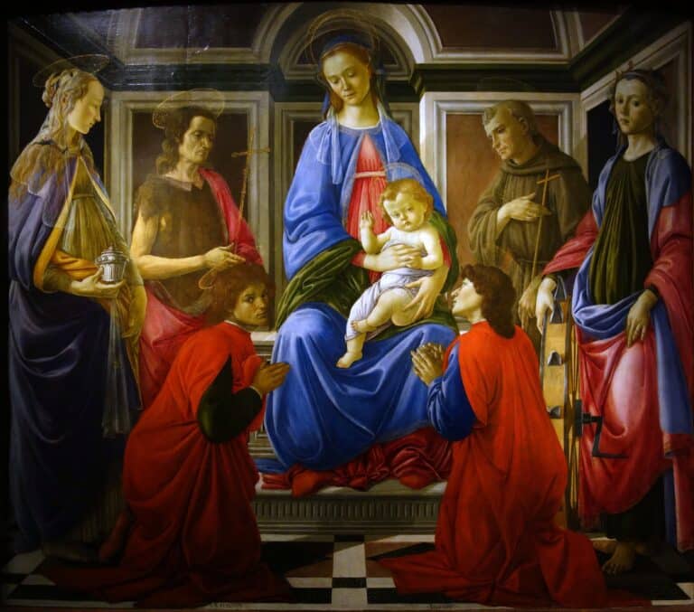 Vierge à l’Enfant avec les SS. Marie-Madeleine, Jean-Baptiste, Cosme, Damien, François et Catherine, vers 1470-72 – Sandro Botticelli Sandro Botticelli