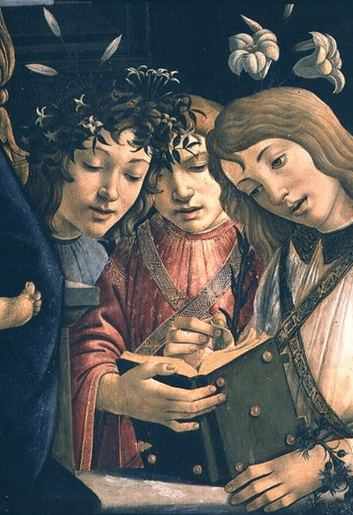 Madone et enfant avec le jeune saint Jean-Baptiste et des anges : détail montrant trois anges – Sandro Botticelli Sandro Botticelli