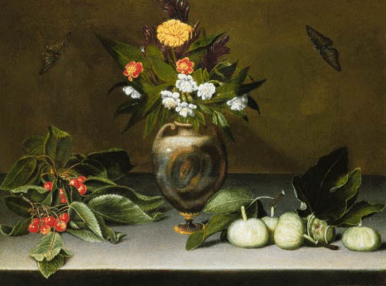 Vase avec des fleurs, cerises, figues et deux papillons – Caravage Le Caravage