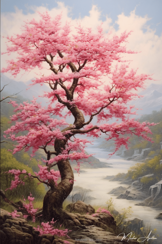 Tableau arbre cerisier japonais et rivière Tableaux Contemporains