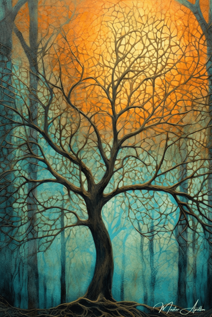 Tableau arbre contemporain bleu orange Tableaux Contemporains