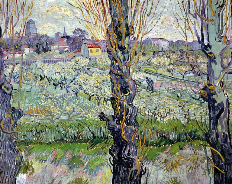 Verger en fleur avec vue d’Arles – Van Gogh Vincent Van Gogh