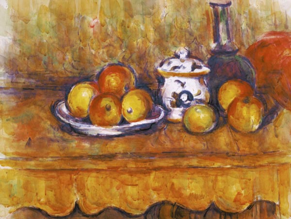 Nature morte avec la bouteille et la boîte de sucre aquarell bleues – Paul Cézanne Paul Cézanne