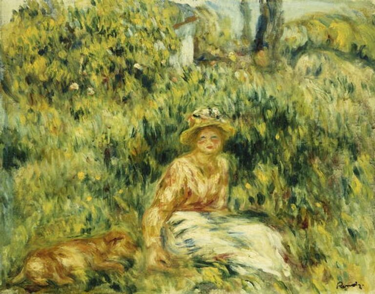 Fille avec le chien devant une haie fleurissant – Pierre-Auguste Renoir Pierre-Auguste Renoir