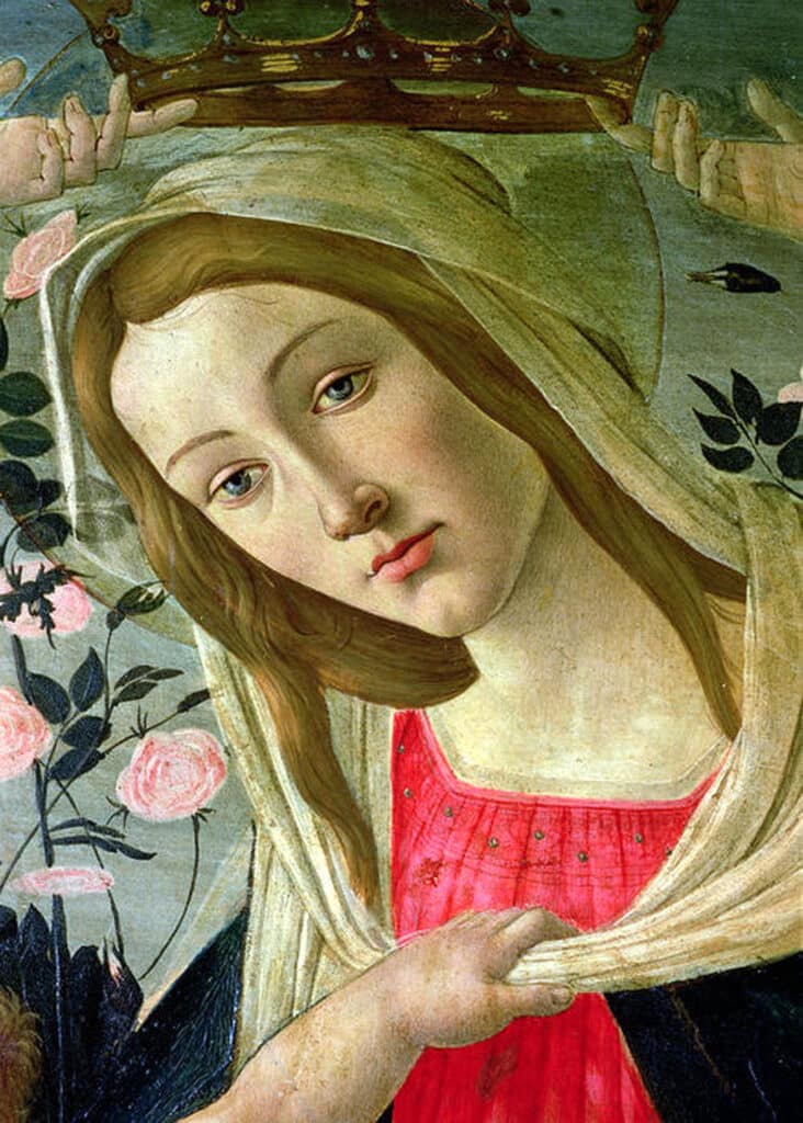 Vierge et enfant couronnés d’anges, détail de la Vierge – Sandro Botticelli Sandro Botticelli