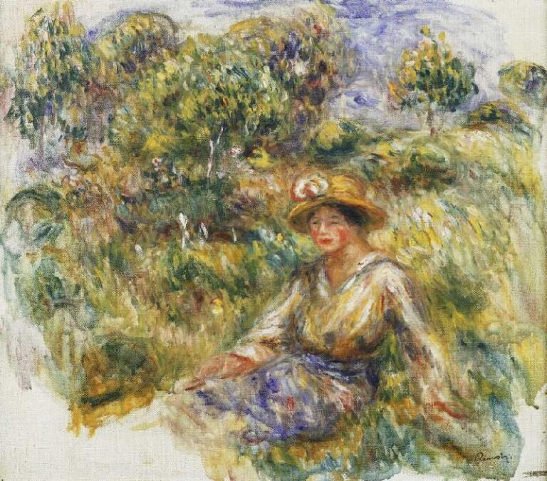 Femme avec un chapeau bleu sur une prairie (Femme en bleu en chapeau assise sur l’herbe) – Pierre-Auguste Renoir Pierre-Auguste Renoir