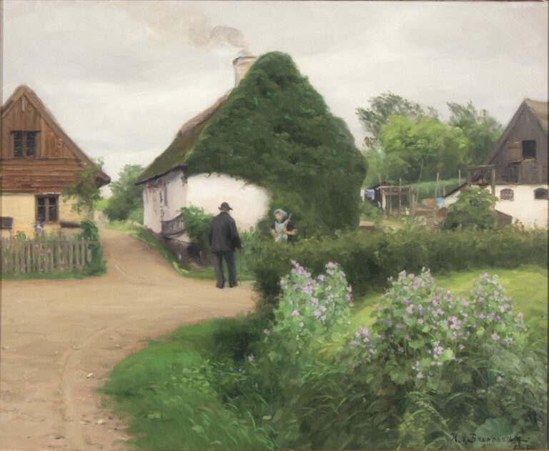 Scène de village avec des personnes en conversation – Hans Andersen Brendekilde Andersen Brendekilde