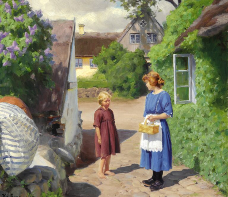 Journée d’été à Jyllinge. Lilas en fleurs et petites filles dans la rue du village – Hans Andersen Brendekilde Andersen Brendekilde