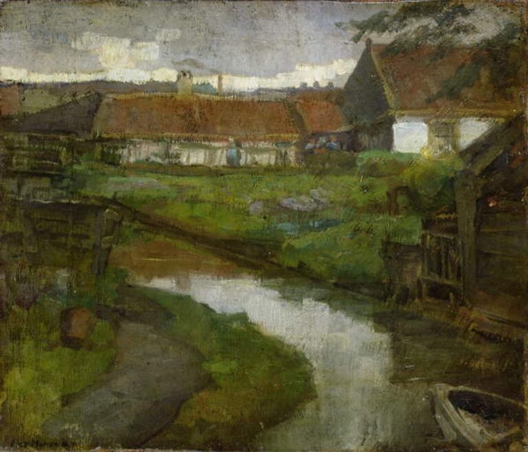 Ferme et fossé d’irrigation avec la proue d’un bateau à rames – Mondrian Piet Mondrian