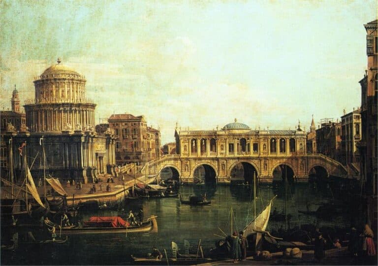 Capriccio du Grand Canal avec un pont imaginaire du Rialto et d’autres bâtiments – Giovanni Antonio Canal Giovanni Antonio Canal