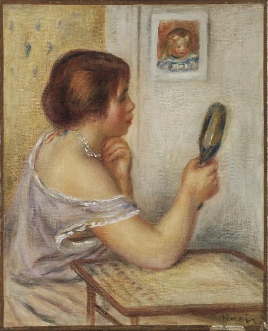 Marie Dupuis tenant un miroir avec un portrait de Coco – Pierre-Auguste Renoir Pierre-Auguste Renoir