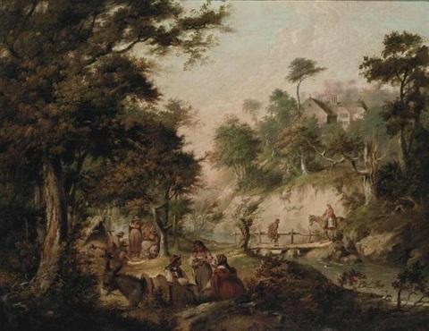 UN PAYSAGE BOISÉ AVEC DES GITANS À L’EXTÉRIEUR D’UNE TENTE, DES PERSONNAGES SUR UN PONT EN BOIS, ET UNE MAISON AU-DELÀ – Nicolas Bernard Lépicié Nicolas Bernard Lépicié