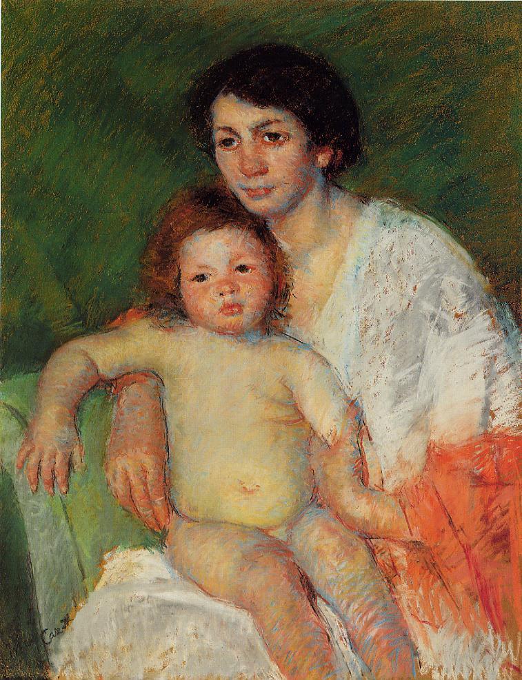 Bébé nu sur les genoux de sa mère, le bras posé sur le dossier de la chaise – Mary Cassatt Mary Cassatt