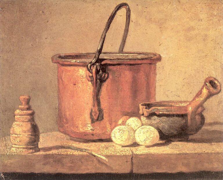 Nature morte d’ustensiles de cuisine, chaudron, casserole et œufs – Jean Siméon Chardin Jean Siméon Chardin