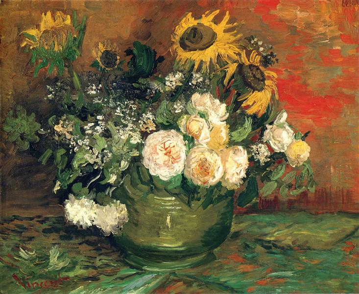 Vase avec tournesols, roses – Van Gogh Vincent Van Gogh