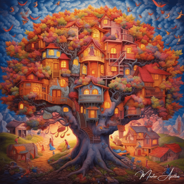 Tableau arbre de vie maison du monde village Tableaux Contemporains