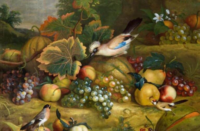 Nature morte aux fruits avec geai et pinsons dans un paysage – Tobias Stranover Tobias Stranover